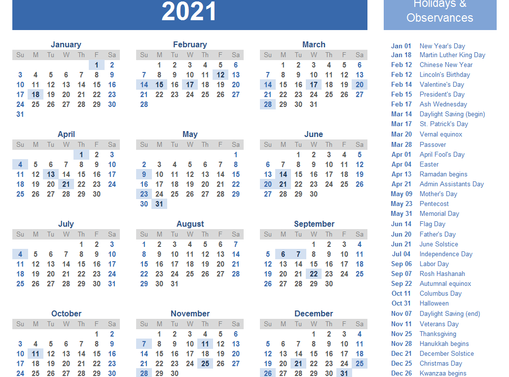 Yearly 2021 Printable Calendar Template - Pdf, Word, Excel-2021 Calendar Template