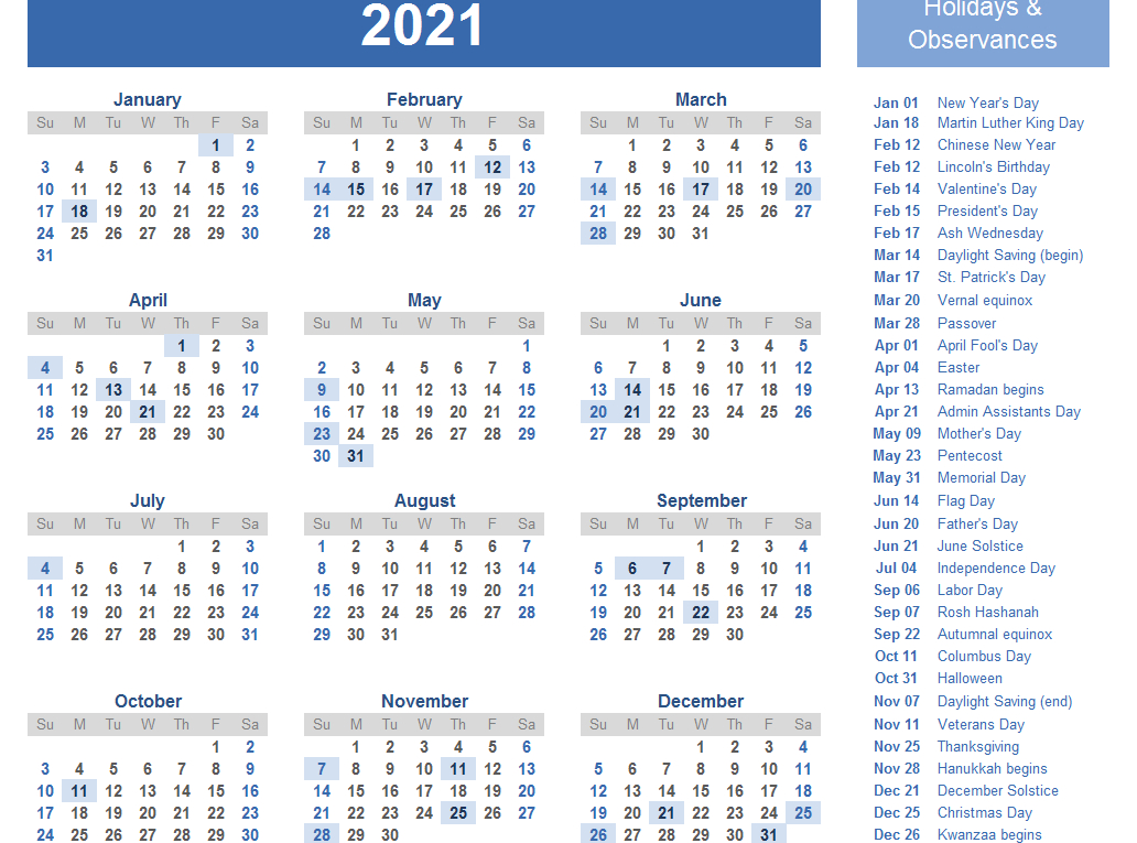 Yearly 2021 Printable Calendar Template - Pdf, Word, Excel-Excel List Of Holidays 2021