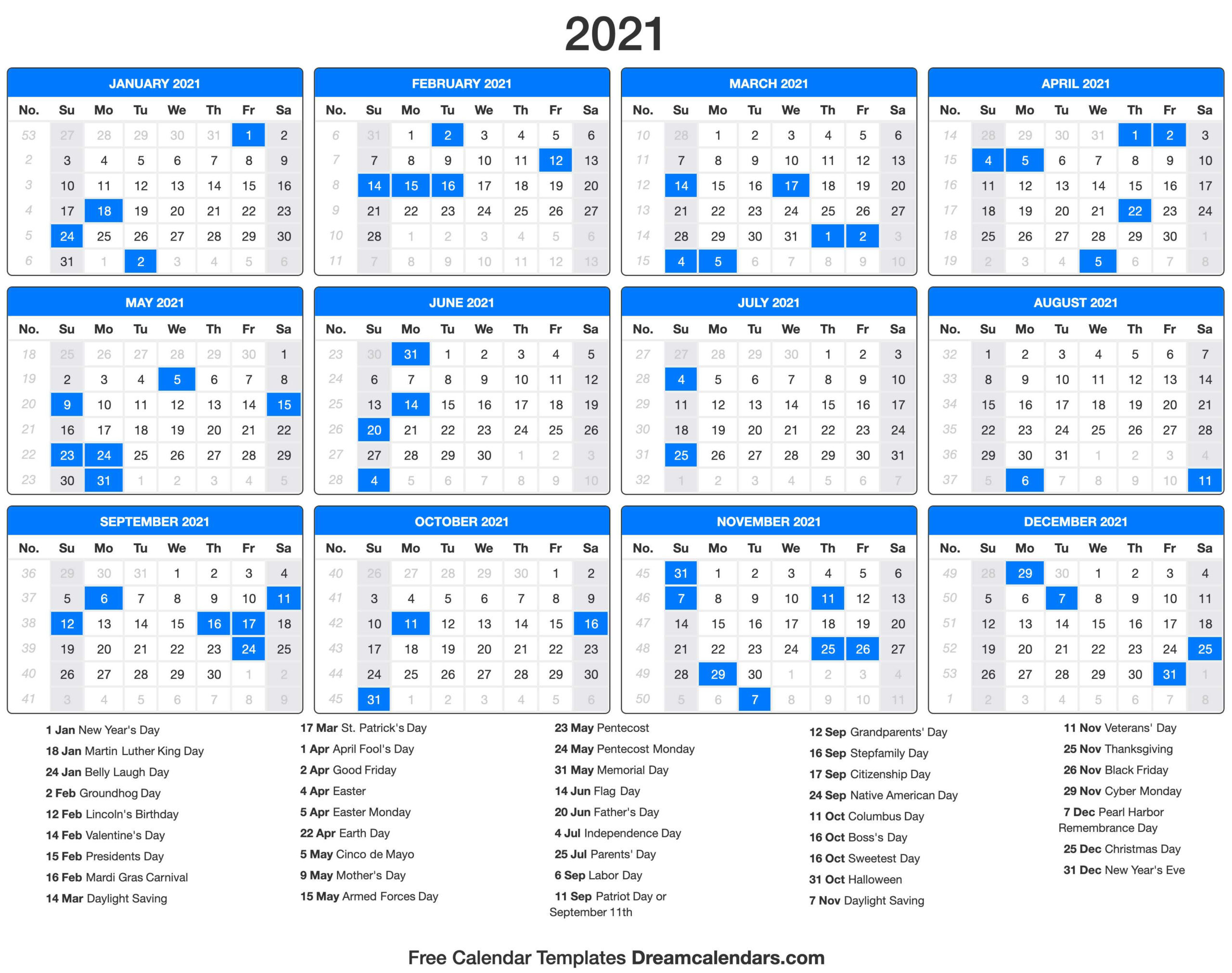 12 Month Printable Calendar 2021 With Holidays-2021 Free 12 Month Printable Monthly Calendar