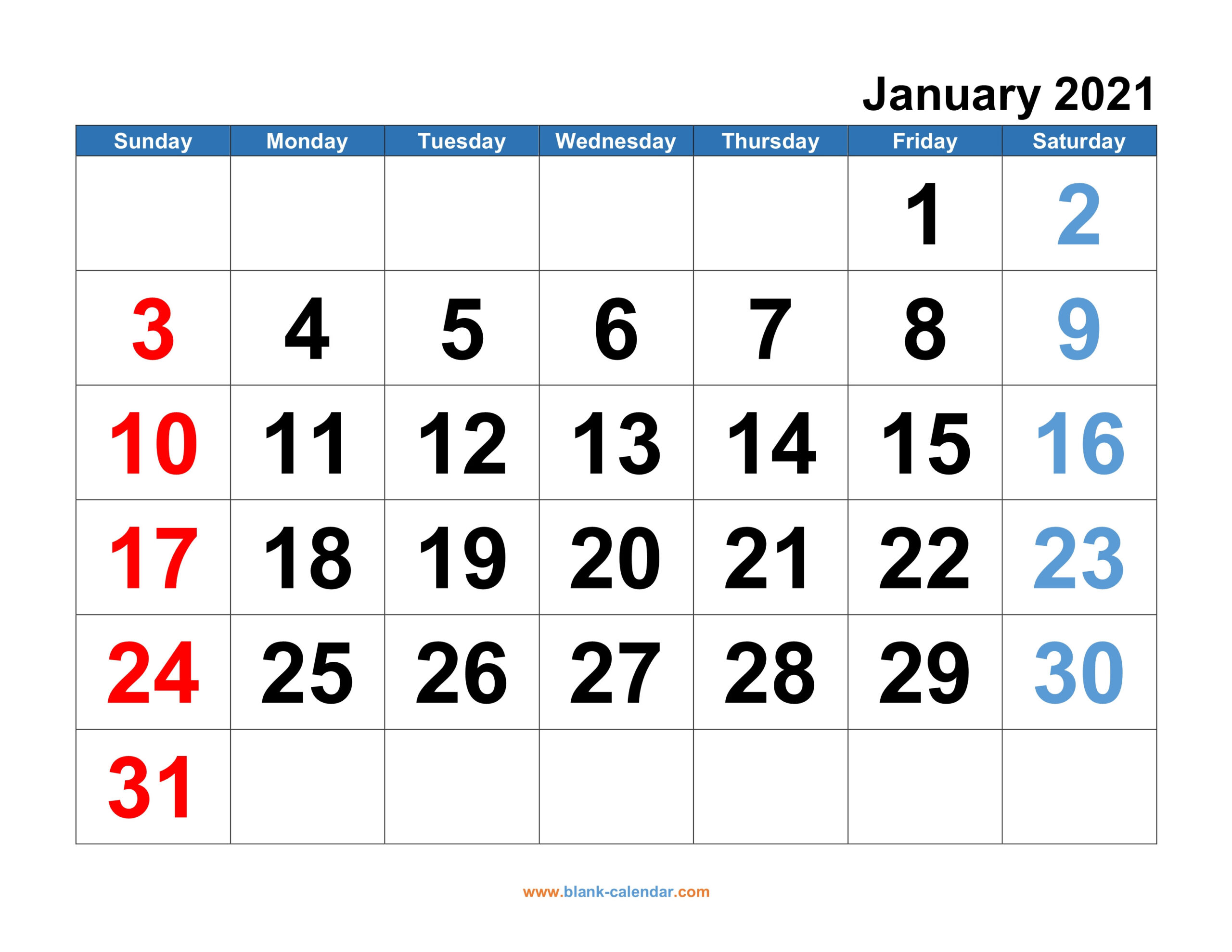 20+ January 2021 Calendar Big Numbers - Free Download-12 Month Calendar 2021 Printable Free