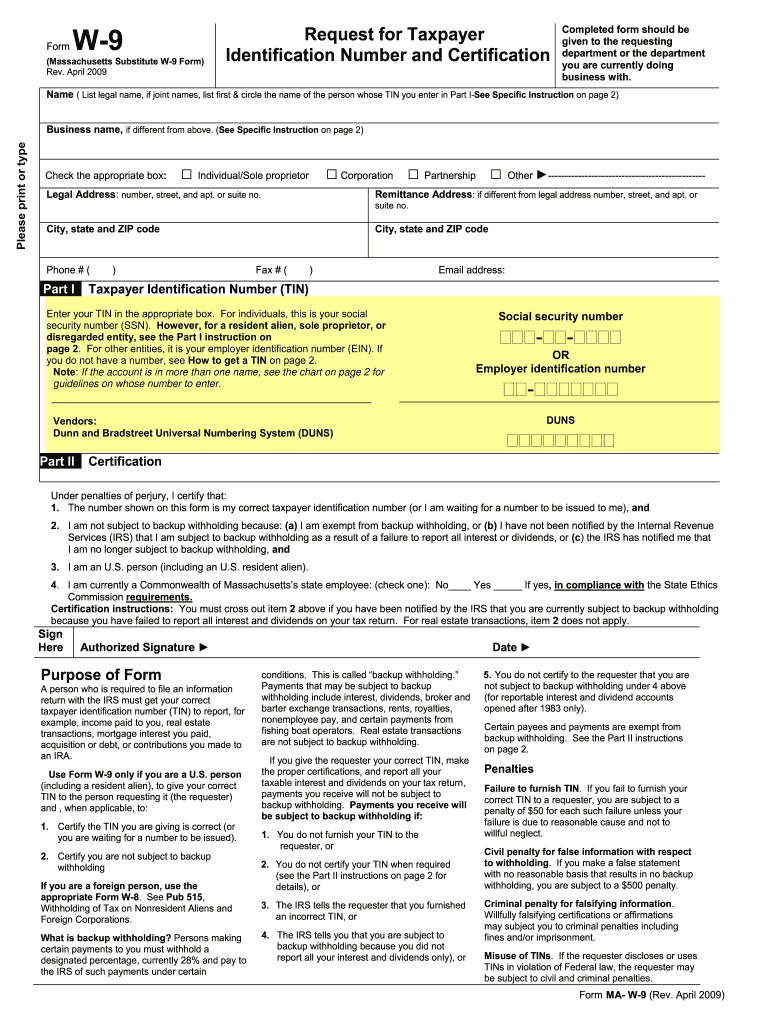 2009-2021 Form Ma Substitute W-9 Fill Online, Printable-2021 W9 Blank Form