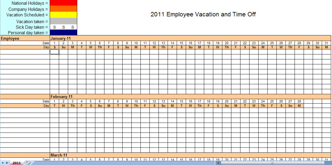 2011 Employee Vacation Calendar | Vacation Calendar-2021 Calendar For Vacation