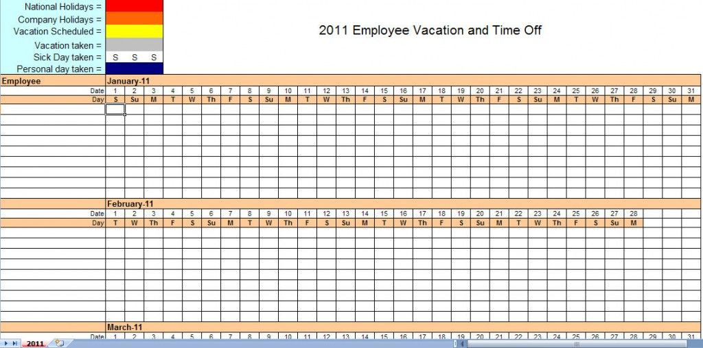 2011 Employee Vacation Calendar | Vacation Calendar-2021 Vacation Planner Calendar For Employers