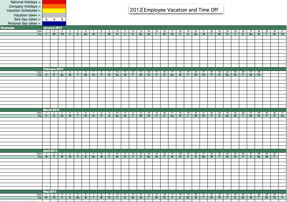 2012 Employee Vacation Time Tracking-2021 Excel Calendar Employee Leave