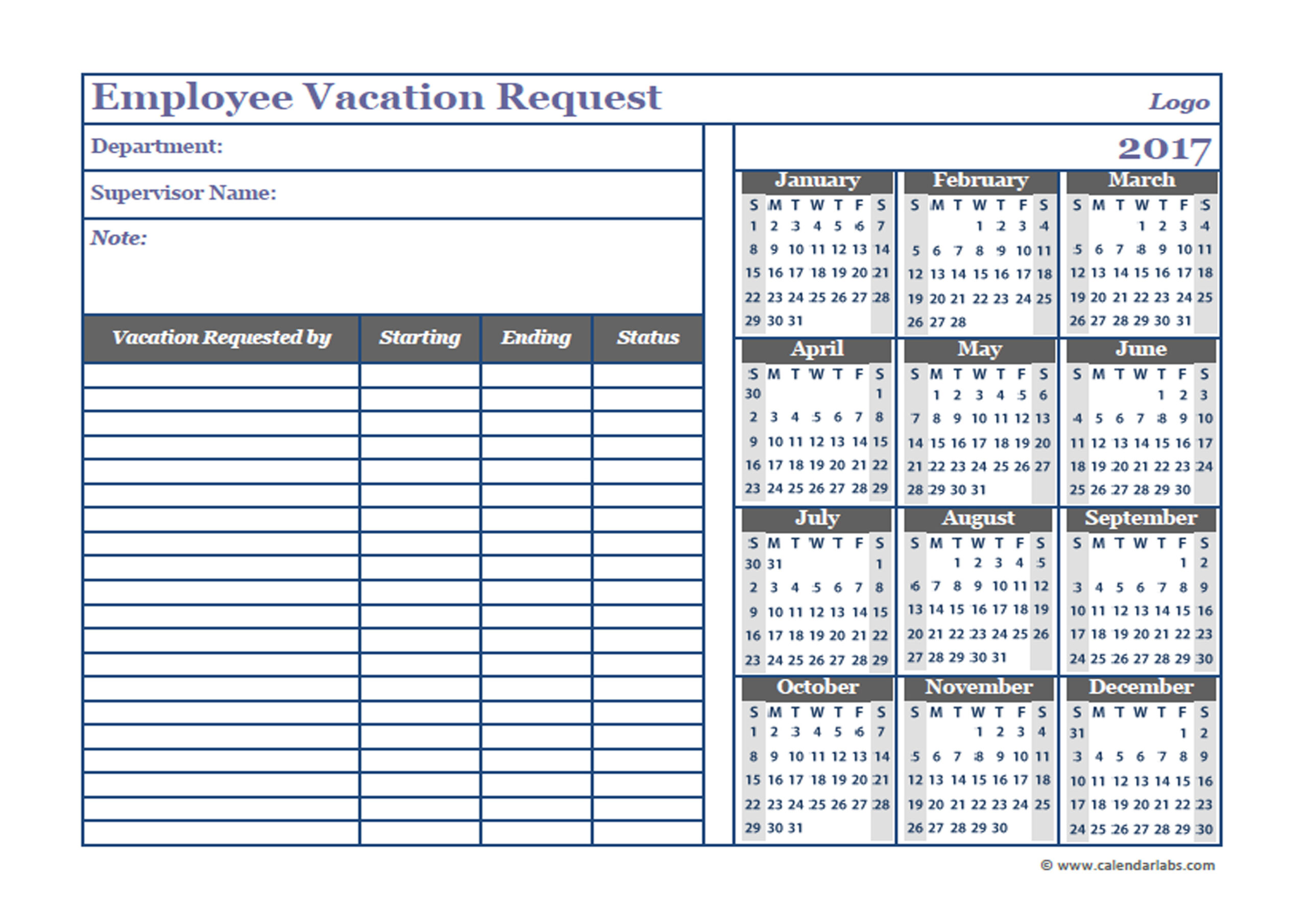 2017 Business Employee Vacation Request - Free Printable-Excel Vacation Calendar Template 2021