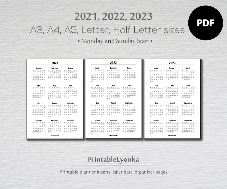 2021 2022 2023 Yearly Calendar Printable/ Pdf/ A3 A4 A5 | Etsy-2021 2022 2023 Printable Calendar
