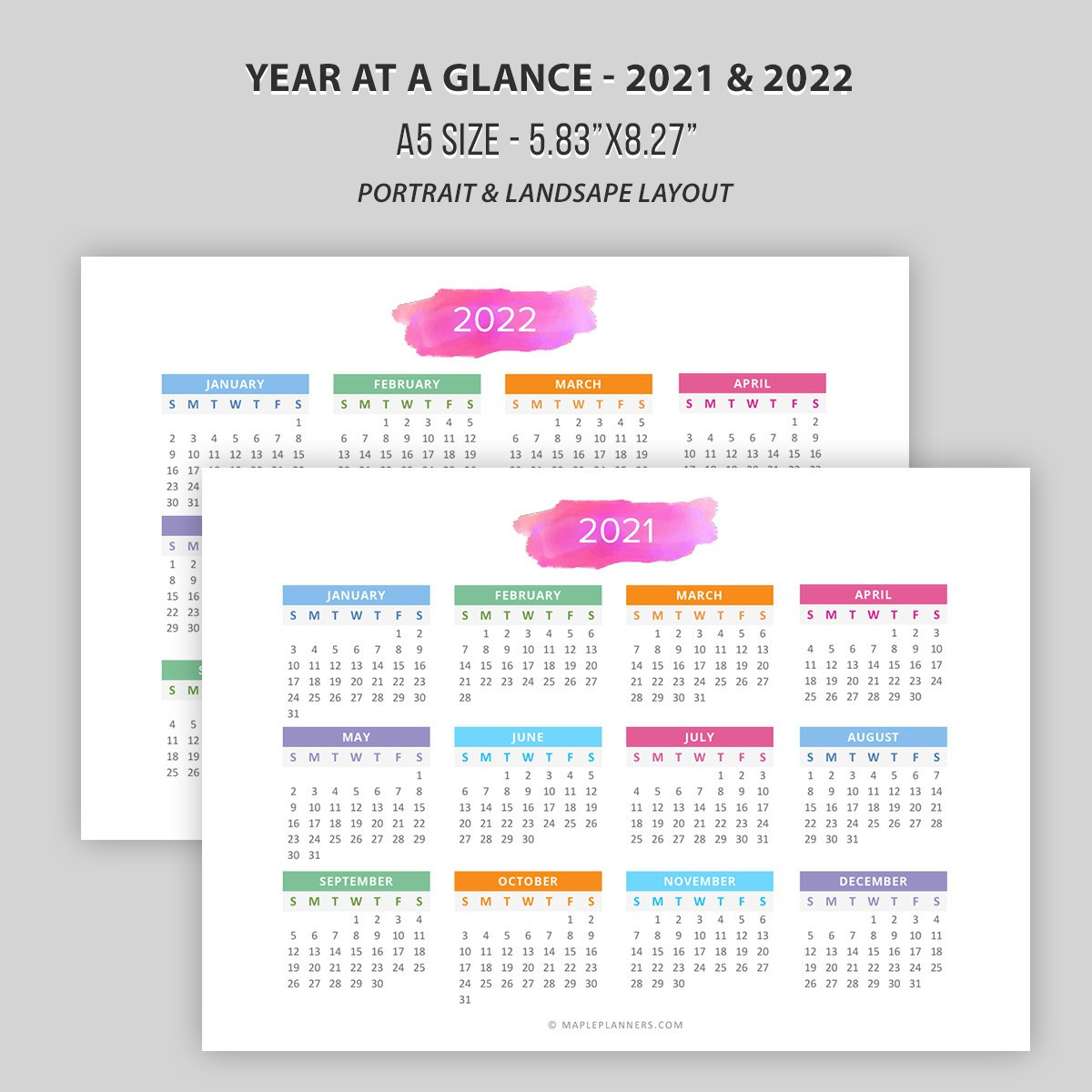 2021 - 2022 Year At A Glance In A5 Size | Yearly Calendar-Large Print 2021 Calendar At A Glance Printable