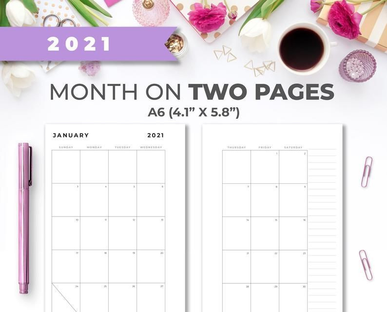 2021 A6 Minimal Printable Monthly Calendar Insert On Two-2021 Printable 2 Page Monthly Calendar