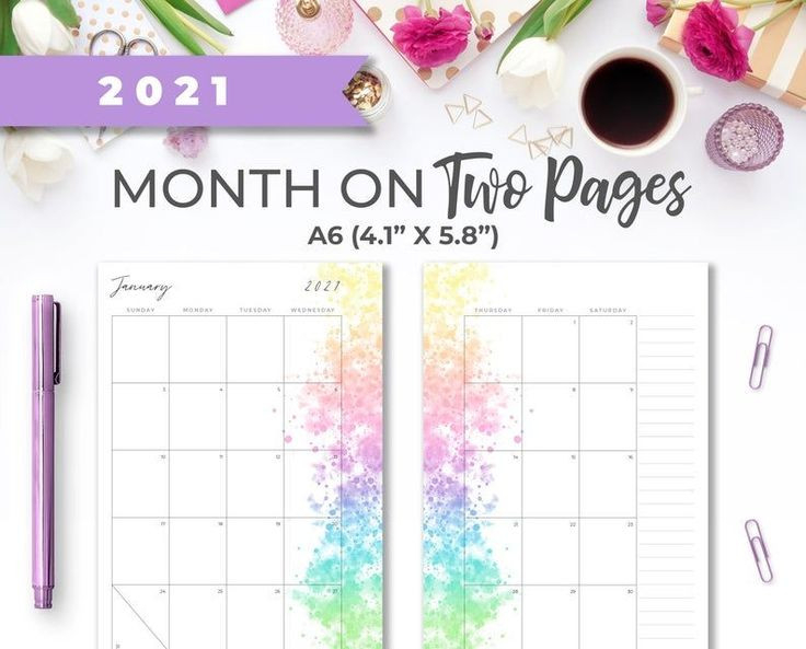 2021 A6 Printable Monthly Calendar Insert On Two Pages-2021 Printable 2 Page Monthly Calendar