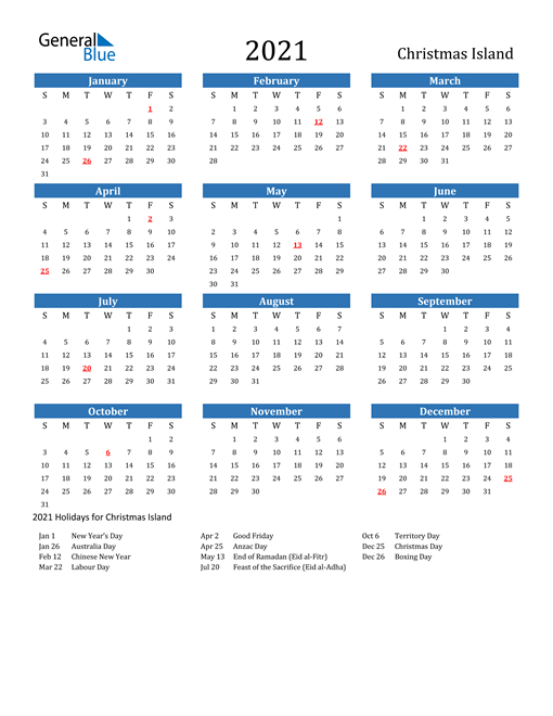 2021 Calendar - Christmas Island With Holidays-Excel Vacation Calendar Template 2021
