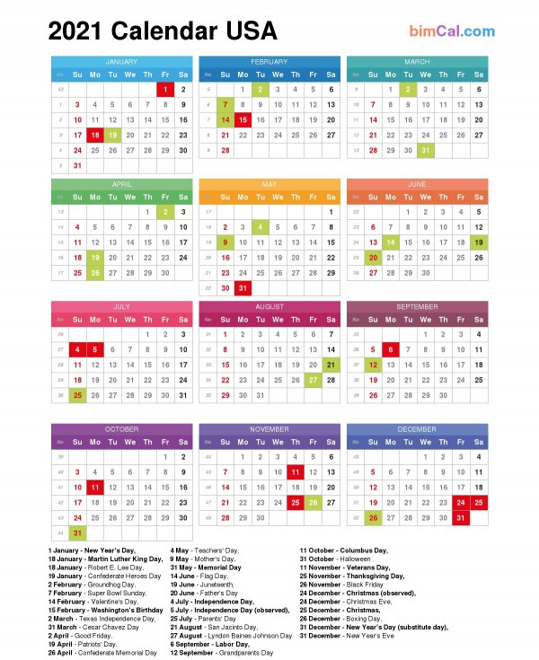 2021 Calendar Usa - Bimcal-2021 Calendard For Vacation Schedule