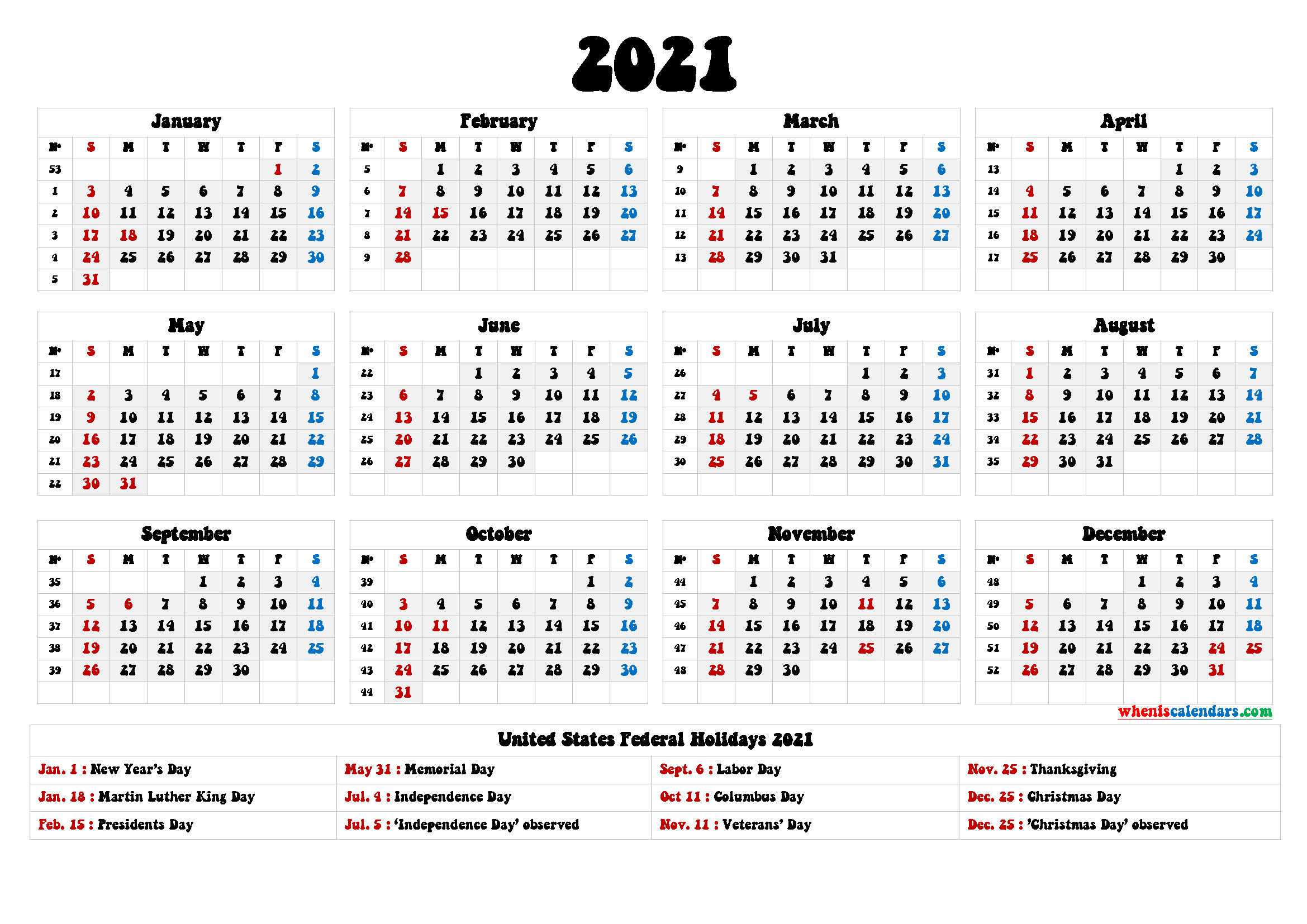 2021 Calendar With Holidays Printable - 6 Templates | Free-2021 Calendard For Vacation Schedule