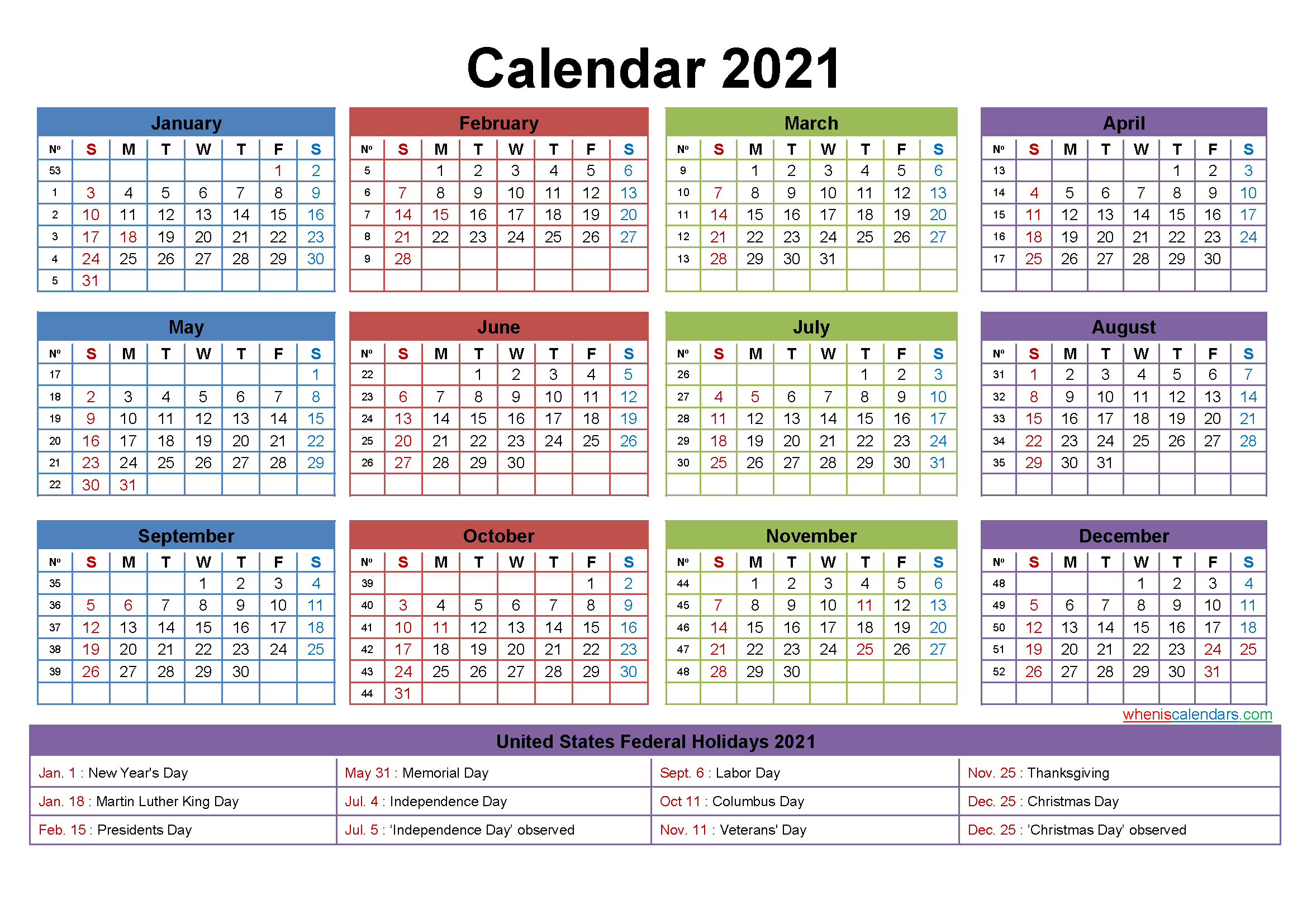 2021 Calendar With Holidays Printable Word, Pdf-2021 Calendar For Vacation