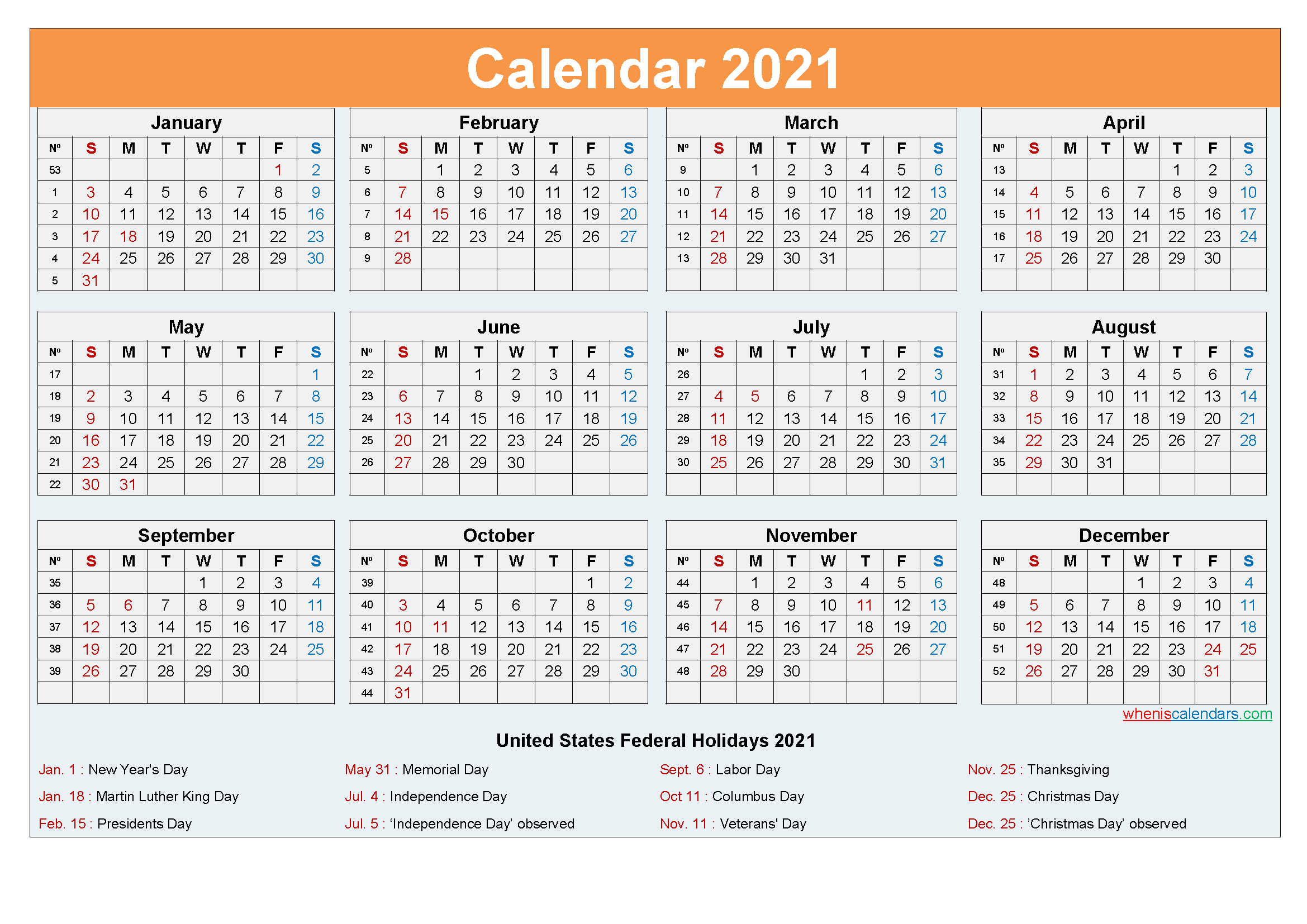 2021 Calendar With Holidays Template Word, Pdf - Free-2021 Absentee Calendar