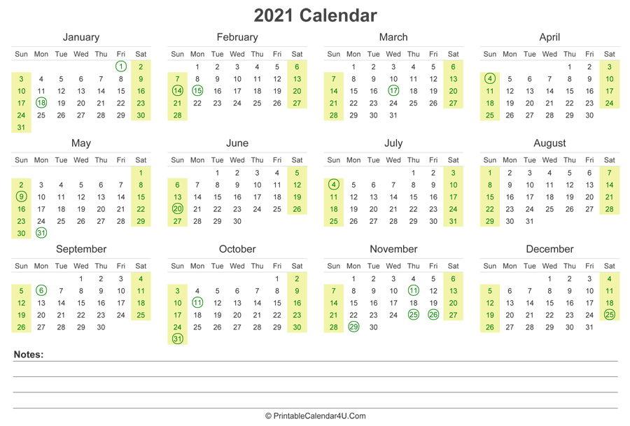 2021 Calendar With Us Holidays And Notes (Landscape Layout)-4 X 6 Calendars 2021