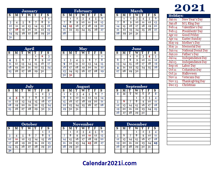 2021 Editable Yearly Calendar Templates In Ms Word, Excel-2021 Vaction Templates