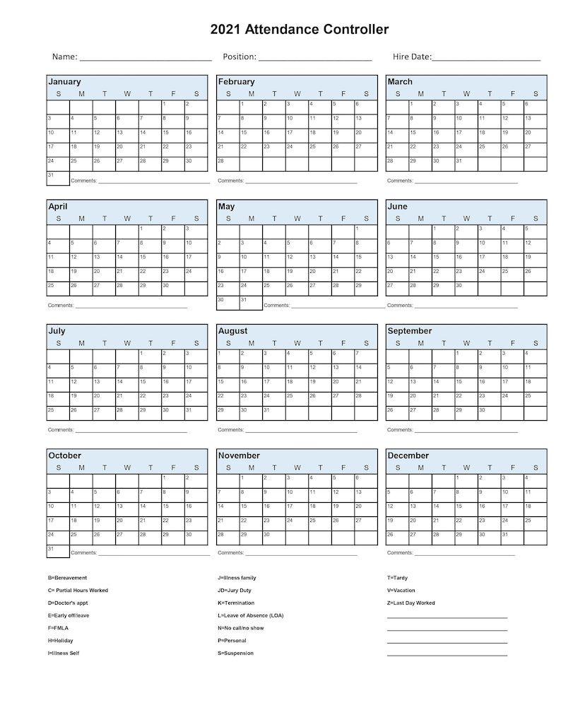 2021 Employee School Attendance Tracker Calendar Employee-2021 Employee Vacation Schedule