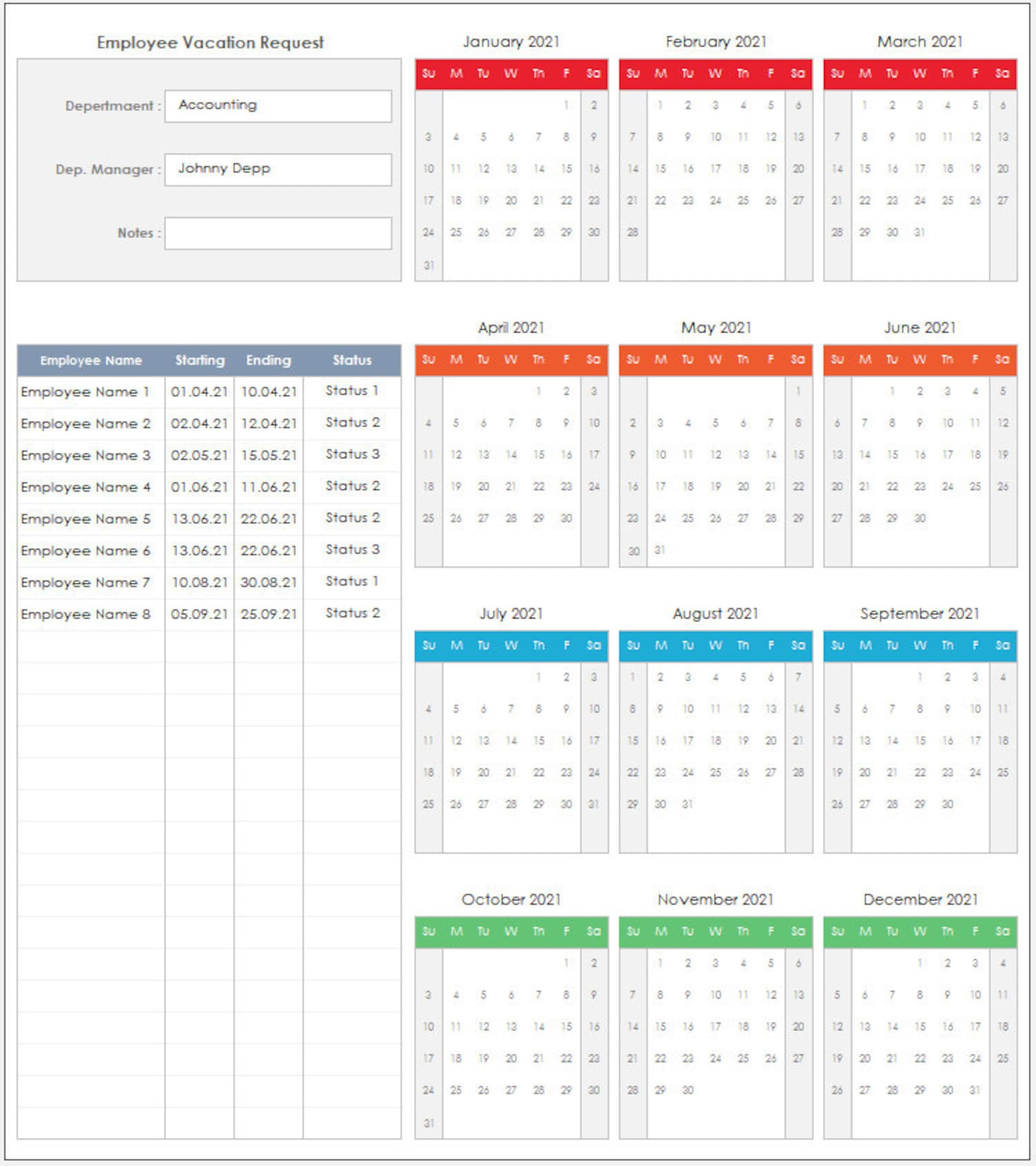 2021 Employee Vacation Request Excel Template Employee | Etsy-2021 Vaction Templates