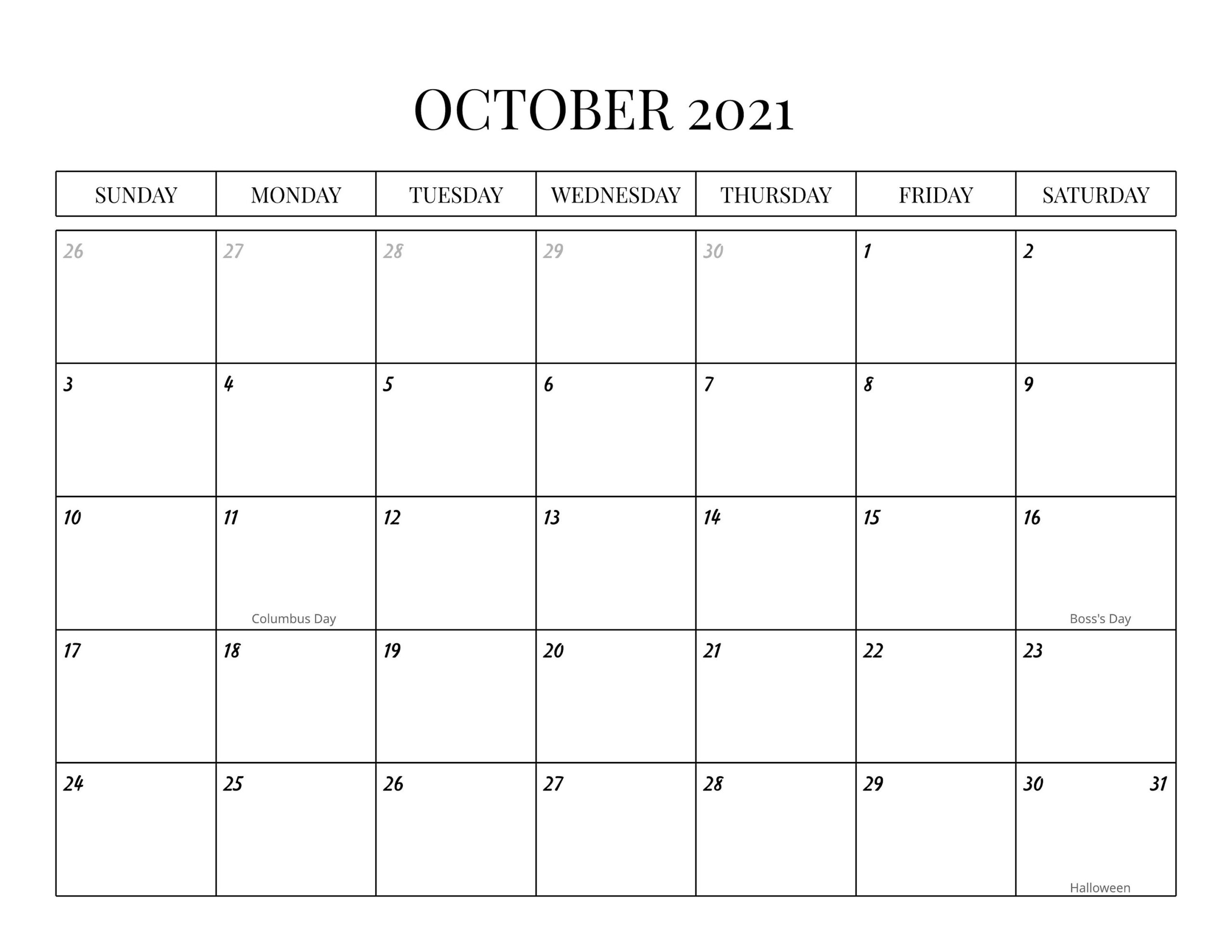2021 Monthly Calendar With Holidays Sunday-Saturday | Etsy-Editable Calendar October 2021 Sunday Through Saturday