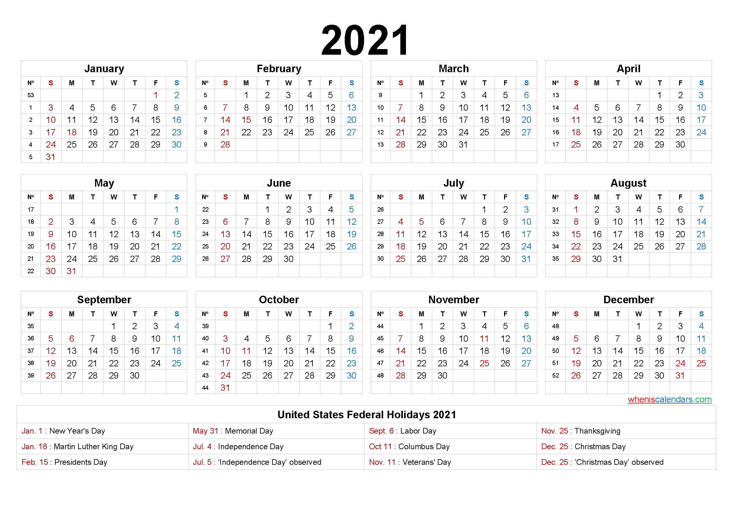 2021 One Page Calendar Printable - 6 Templates | Free-2 Page Calendar 2021