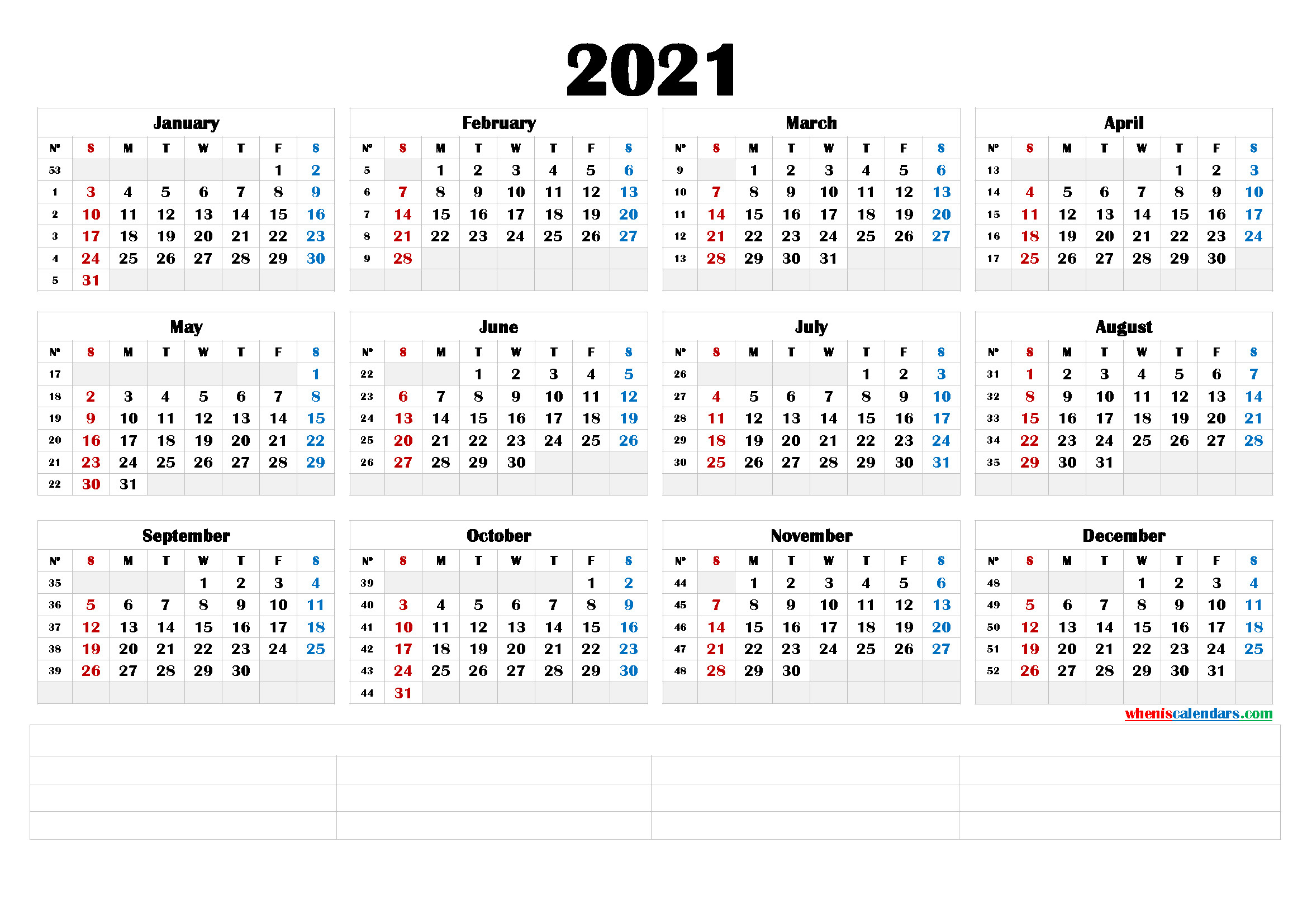 2021 Printable Yearly Calendar With Week Numbers (6 Templates)-2021 Absentee Calendar