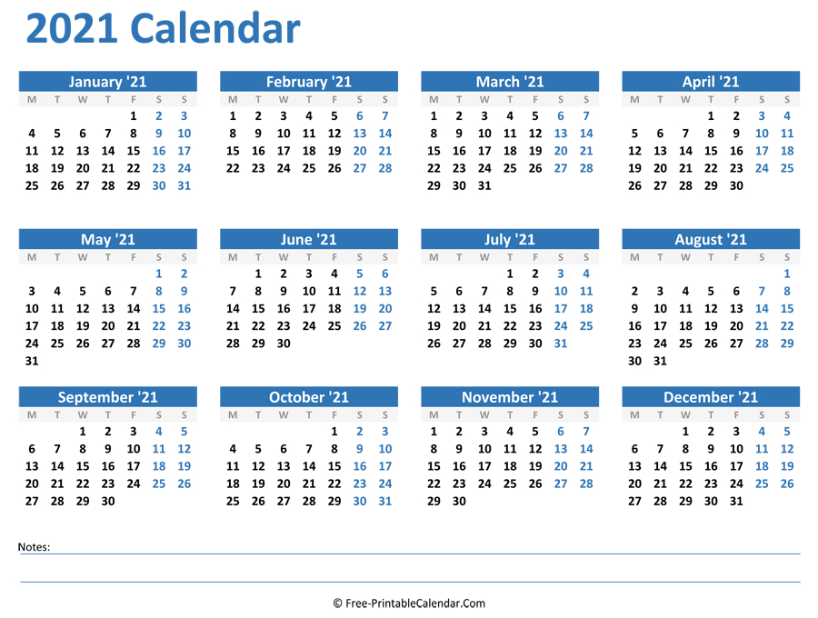 2021 Yearly Calendar-2021 Monthly Calendar Printable Pdf