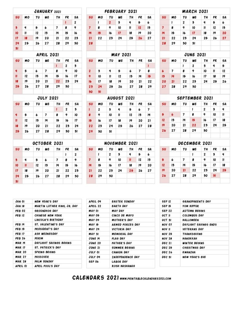 68+ Printable 2021 Yearly Calendar With Holidays, Portrait-2021 Office Vacation Calendar Examples