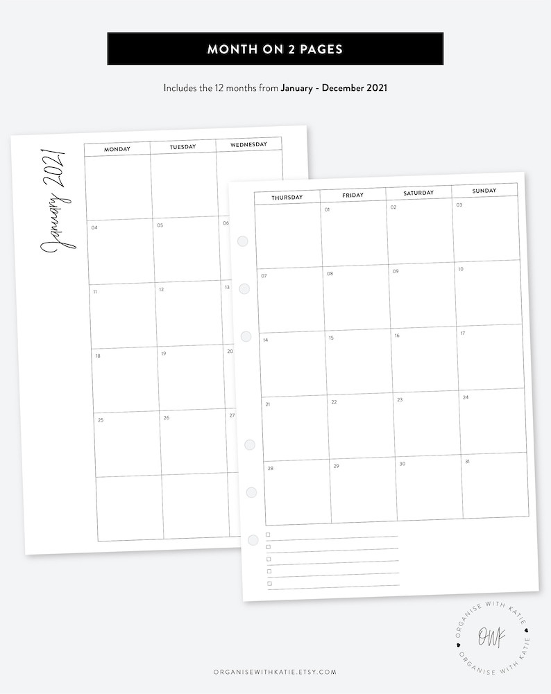 A5 2021 Monthly Planner Printable Month On 2 Pages-2 Page Calendar 2021