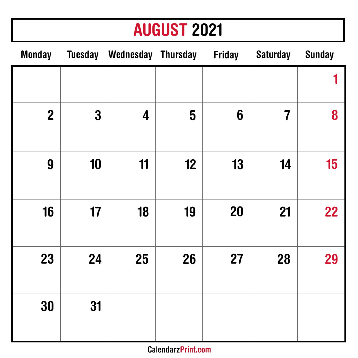 August 2021 Monthly Planner Calendar, Printable Free-Monday To Friday August 2021 Calendar