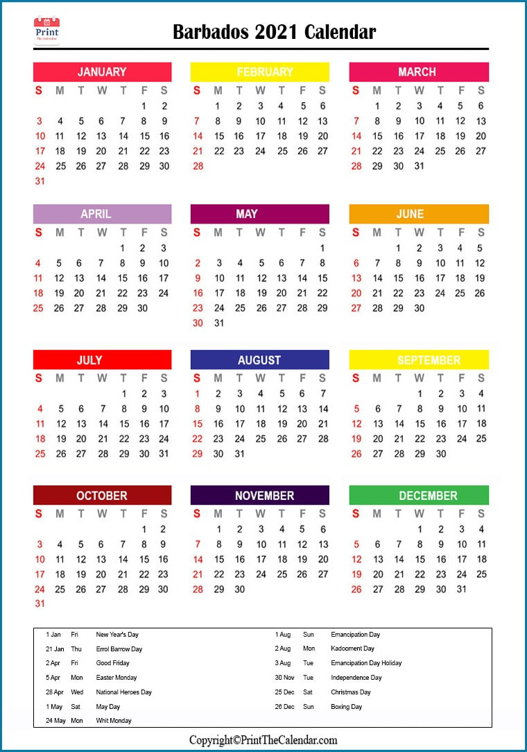 Barbados Holidays 2021 [2021 Calendar With Barbados Holidays]-August 2021 Monday Through Friday Calendar Free Pdf Printable