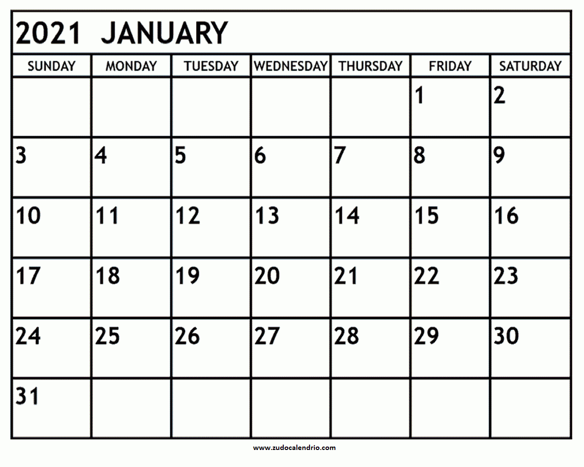 Blank January 2021 Calendar Printable | Zudocalendrio-2021 Blank Vacation Calendar