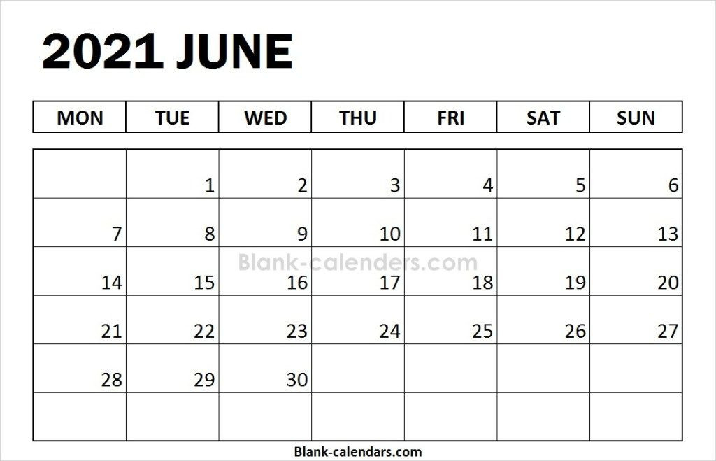 Blank June Calendar 2021 Monday Start | July Calendar-Free Sample Printable Blank Editable Calendar For Monday - Friday June 2021