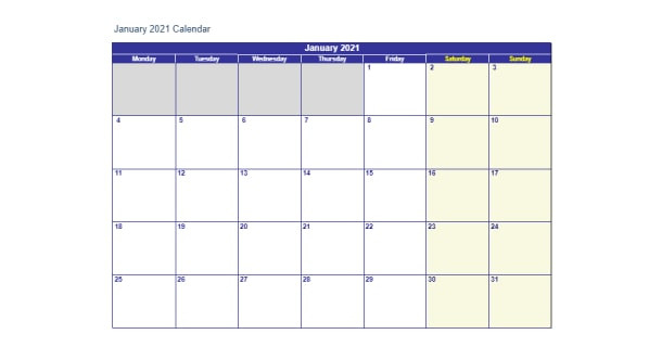 Blank Template January 2021 Calendar Excel - 2021 Calendar-Free Sample Printable Blank Editable Calendar For Monday - Friday June 2021