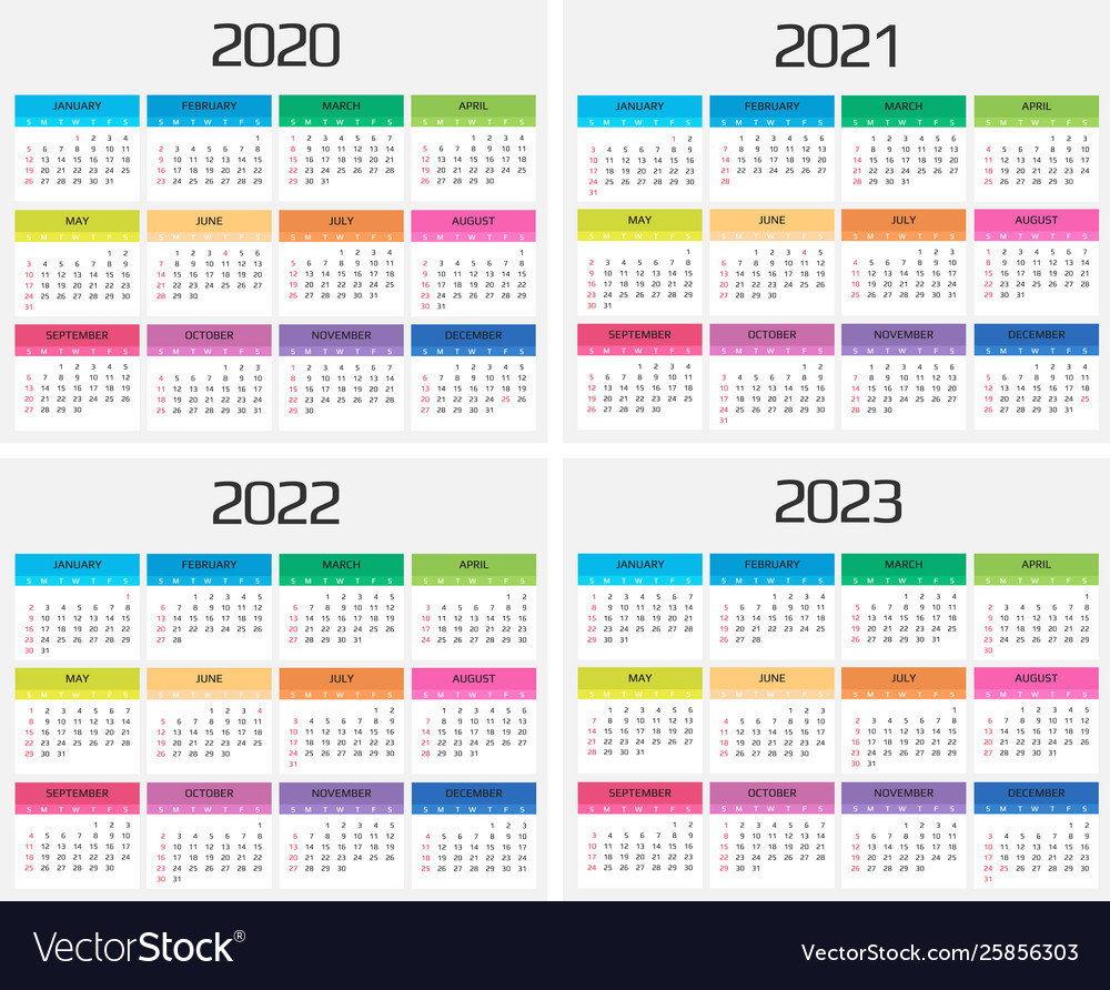 Calendar 2020 2021 2022 2023 Template 12 Vector Image-2021 2022 2023 Printable Calendar