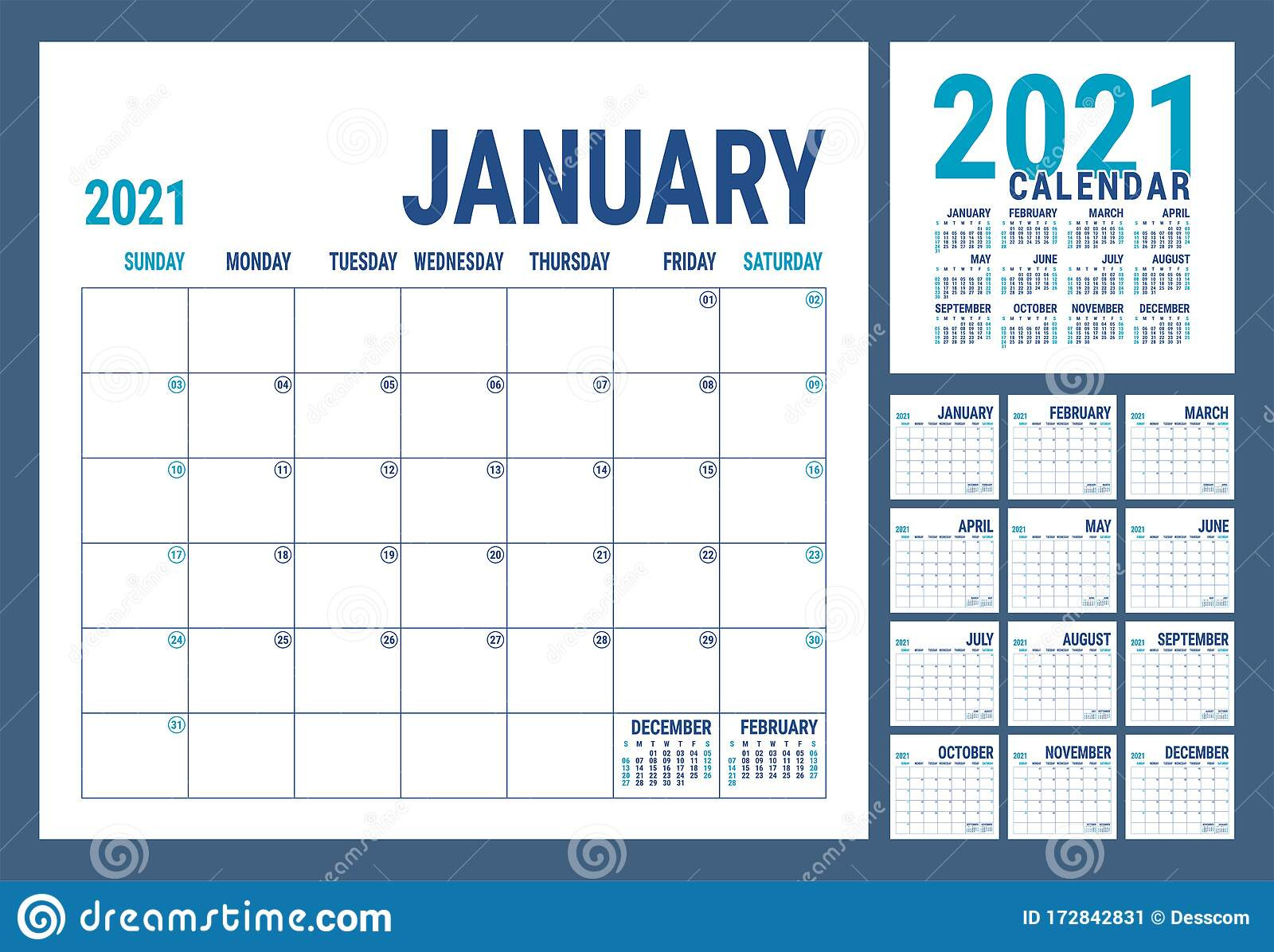 Calendar 2021. English Calender Template. Vector Square-2021 Office Vacation Calendar Examples