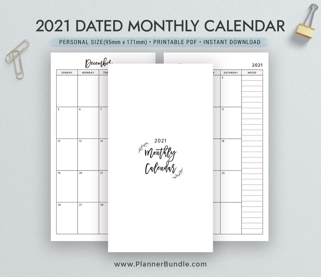 Dated Monthly Calendar 2021, Printable Monthly Planner-2021 Printable 2 Page Monthly Calendar