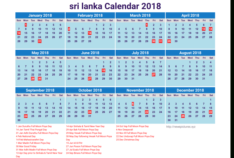 Download Calendar 2018 Sri Lanka With Holidays List-2021 Mercantile Holidays