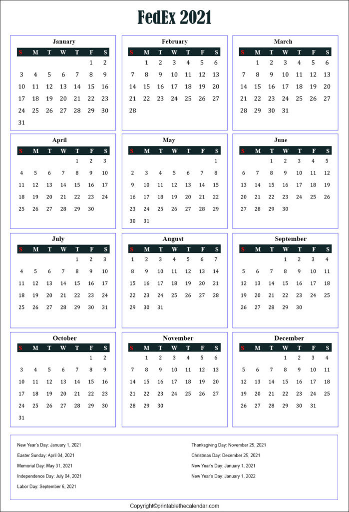 Fedex Holidays 2021 | Printable The Calendar-2021 Employee Vacation Schedule