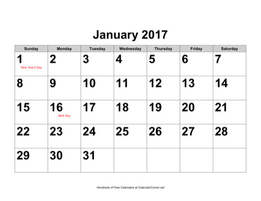 Free 2017 Large-Number Calendar With Holidays, Landscape-Free Large Number Printable Calendars