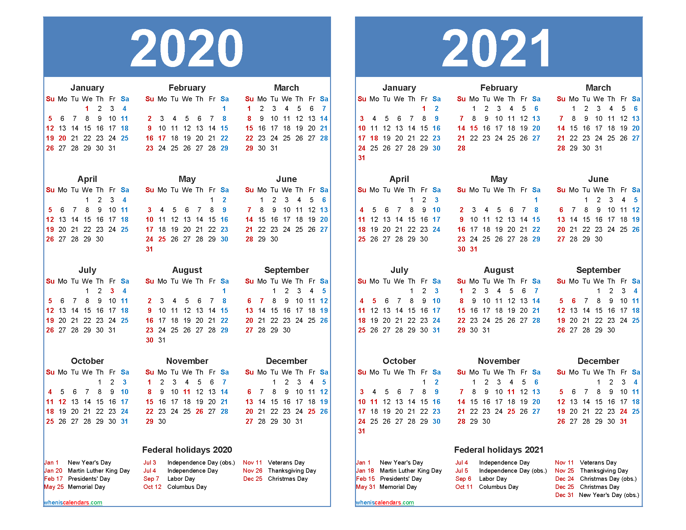 Free 2020 2021 Calendar Printable With Holidays-2 Page Printable Yearly Calendar Template 2021