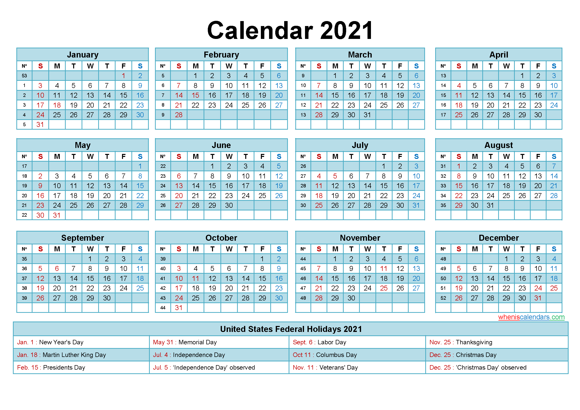 Free 2021 Printable Calendar With Holidays-2 Page Printable Yearly Calendar Template 2021