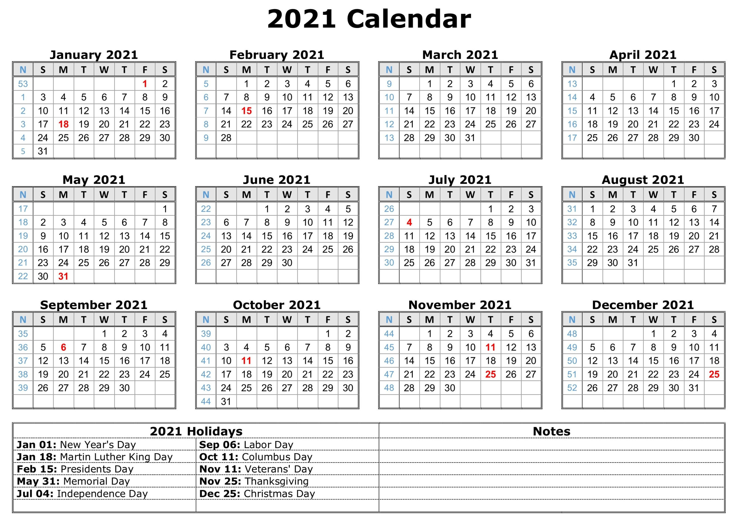 Free Printable 2021 Monthly Calendar With Us Holidays-12 Month 2021 Printable Calendar