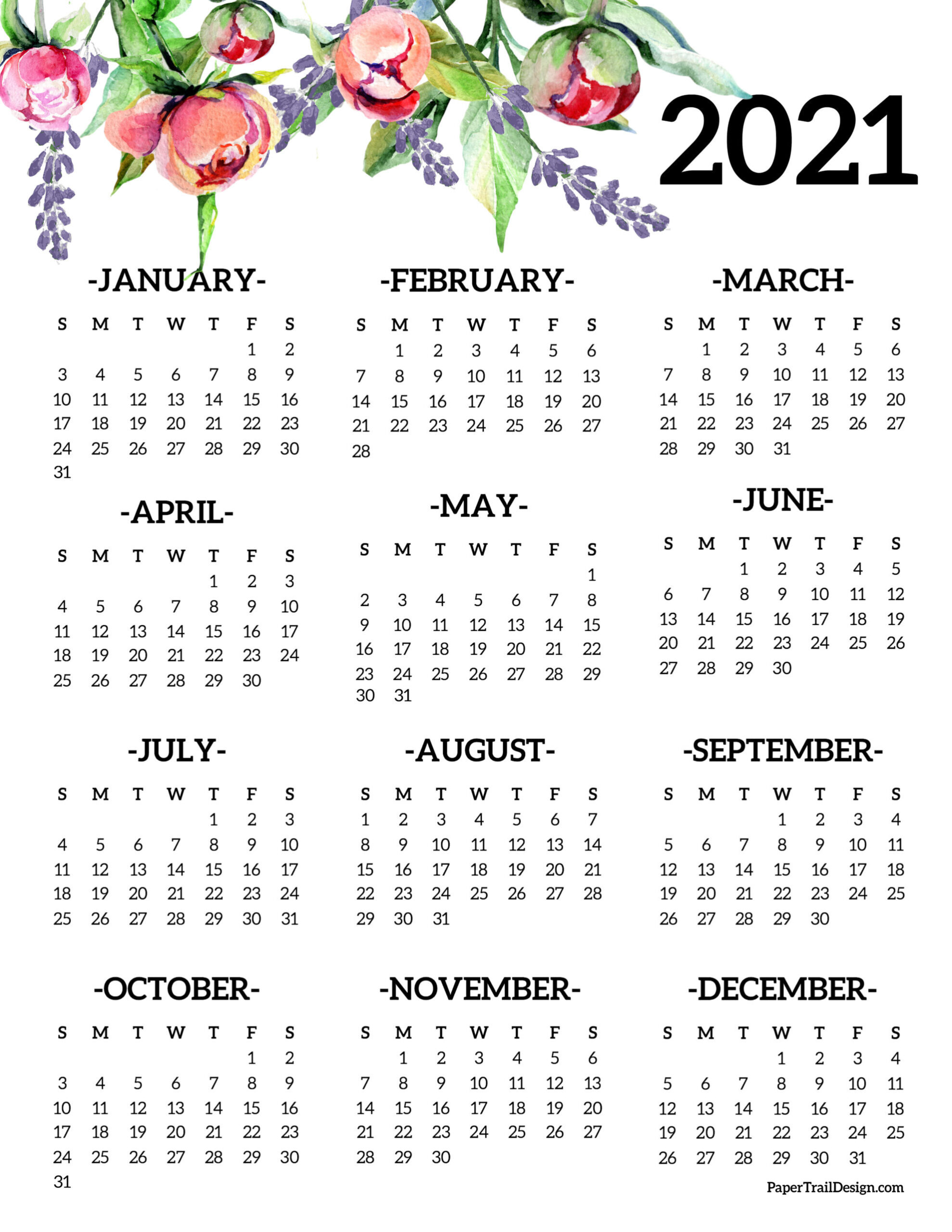 Free Printable 2021 One Page Floral Calendar | Paper Trail-Free Print 2021 Calendars Without Downloading