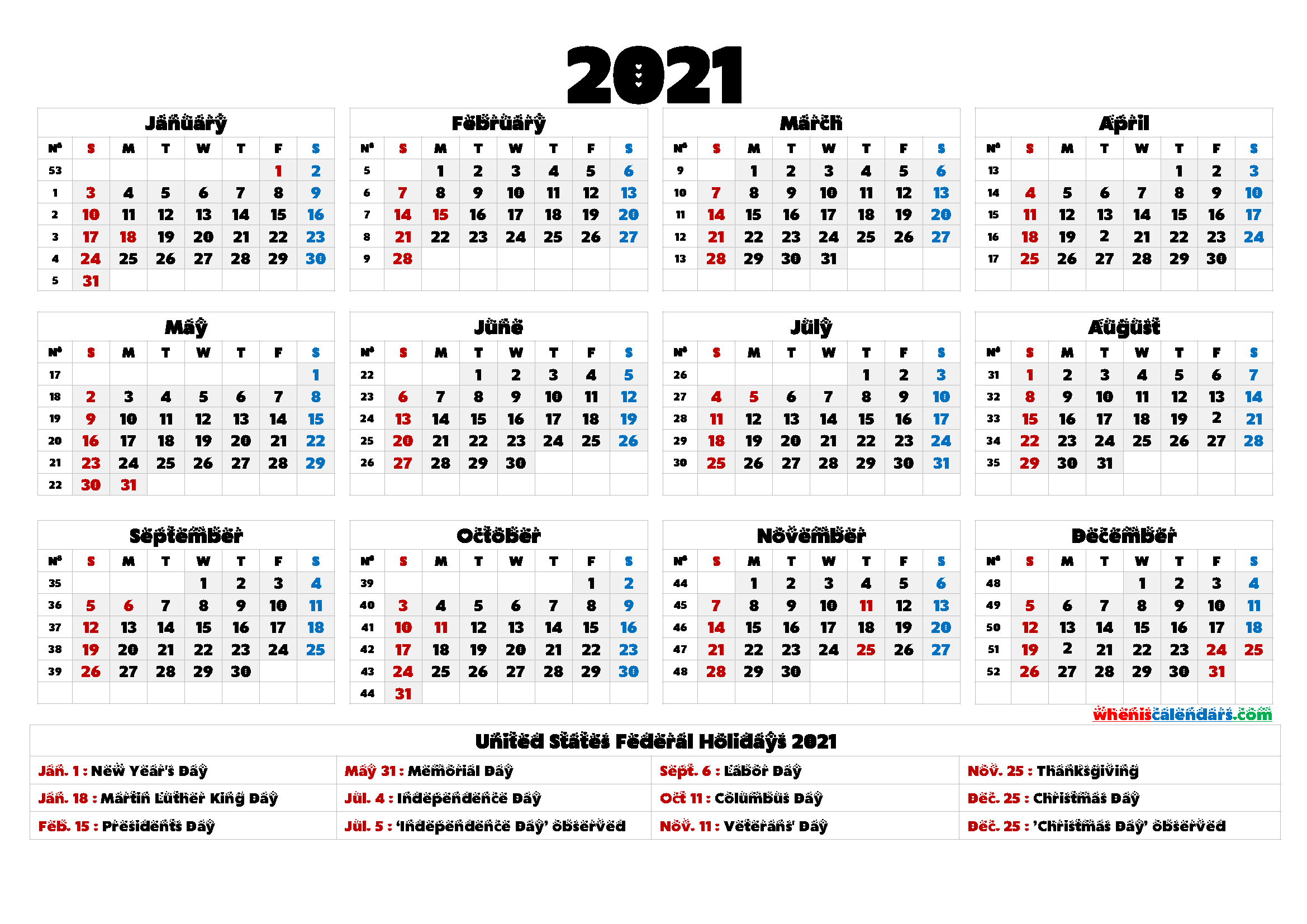 Free Printable 2021 Yearly Calendar With Holidays 12 Templates-12 Month Calendar 2021 Printable Free