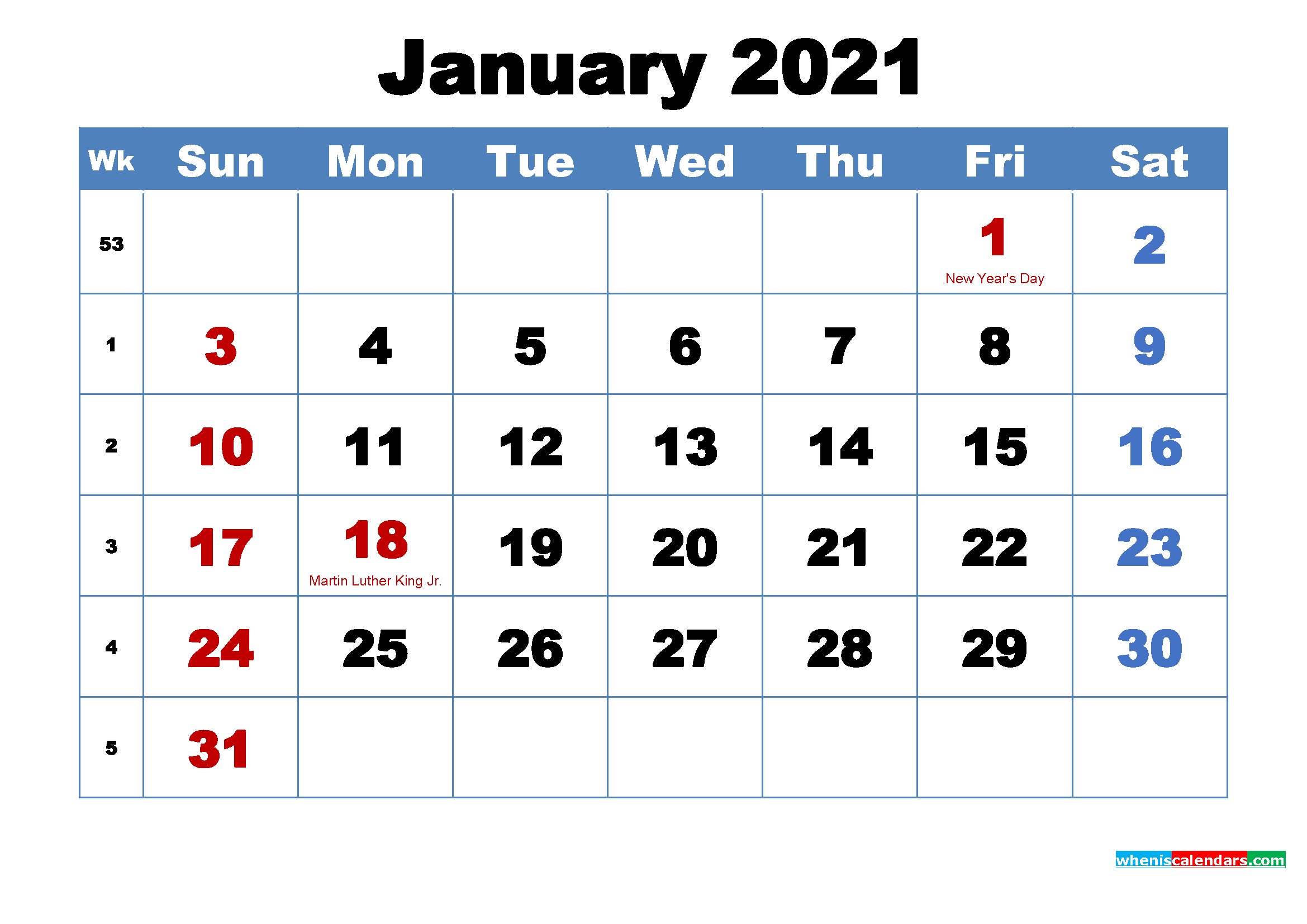 Free Printable January 2021 Calendar With Holidays - Free-Printable Monthly Calendar 2021