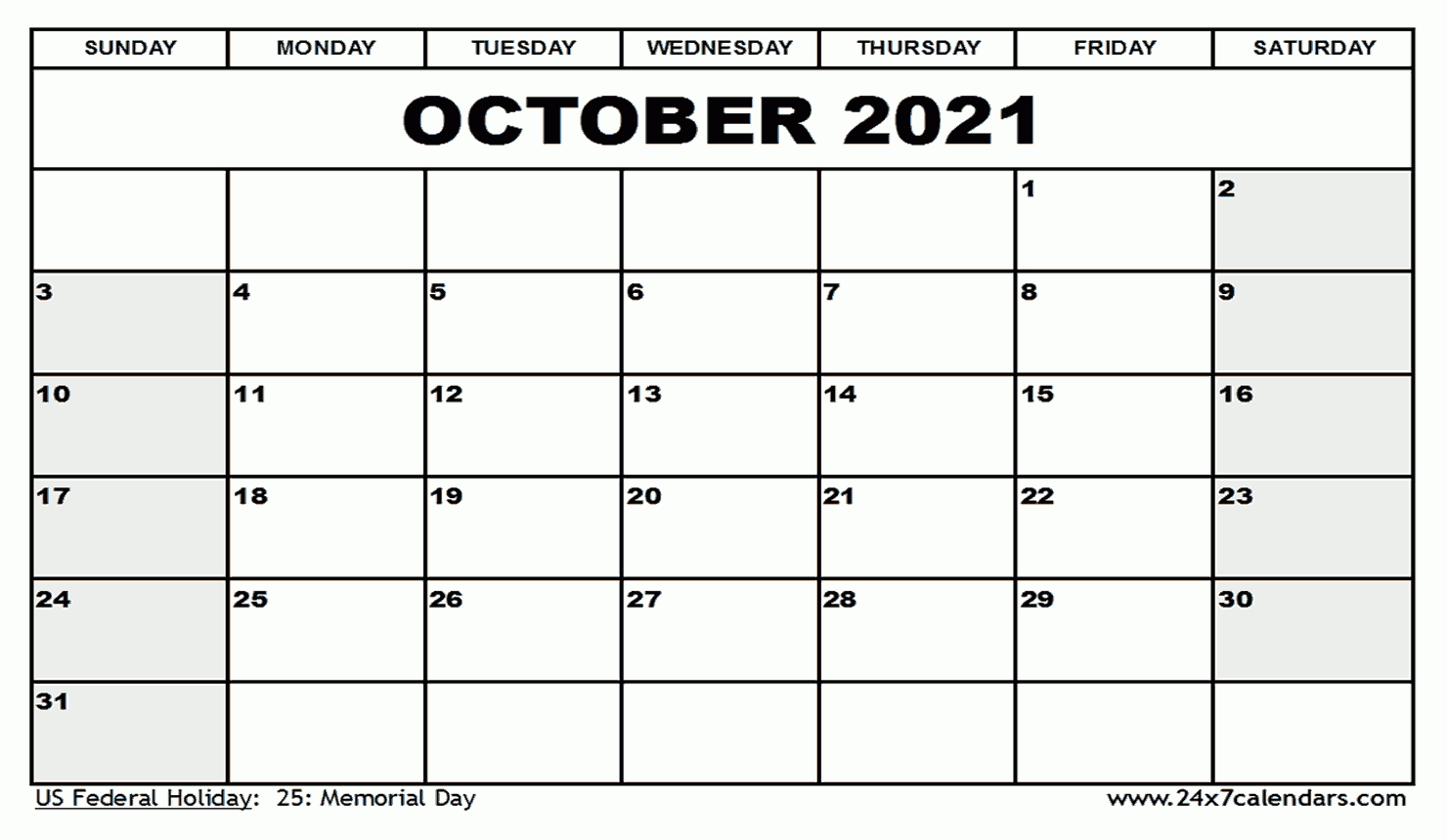 Free Printable October 2021 Calendar : 24X7Calendars-Editable Calendar October 2021 Sunday Through Saturday