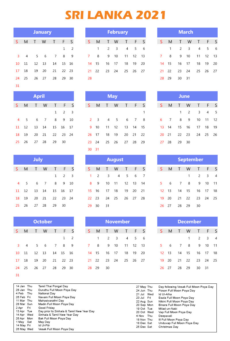 Free Sri Lanka Calendar 2021 With Holidays In Pdf-Mercantil Holidays For 2021 Sri Lanka