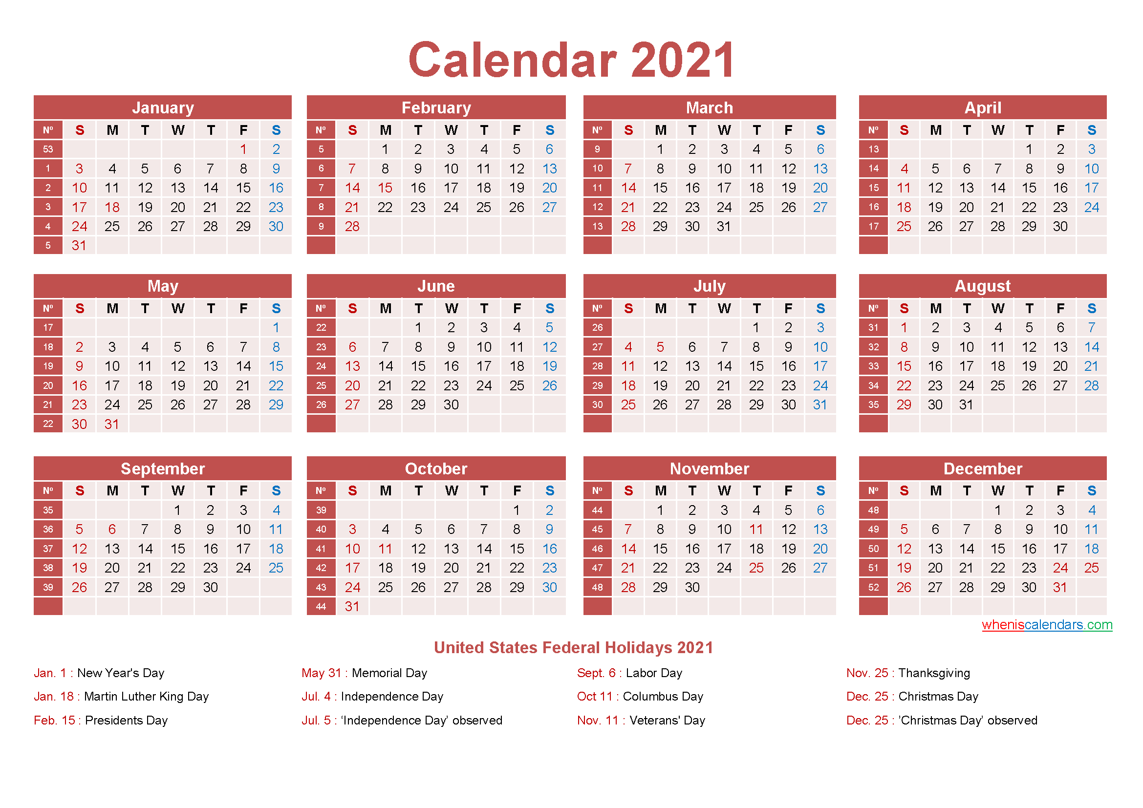 Free Yearly 2021 Calendar With Holidays Word, Pdf-2021 Monthly Calendar Printable Pdf