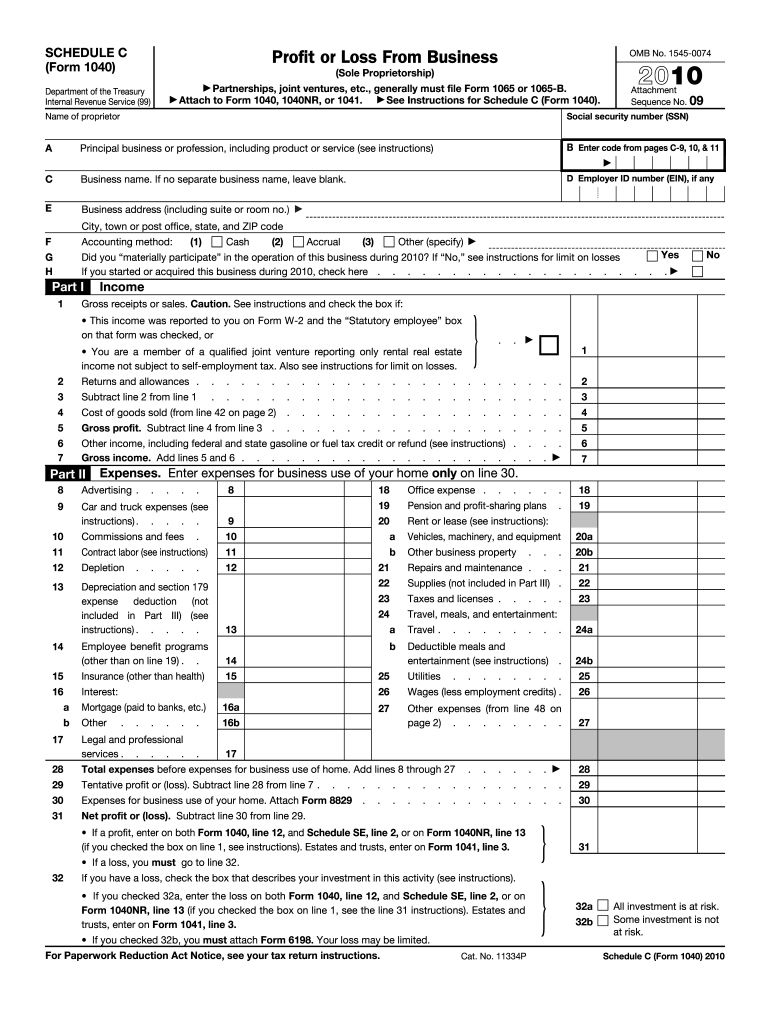 Irs 1040 - Schedule C 2010 - Fill And Sign Printable-Irs Forms 2021 Printable Sch C