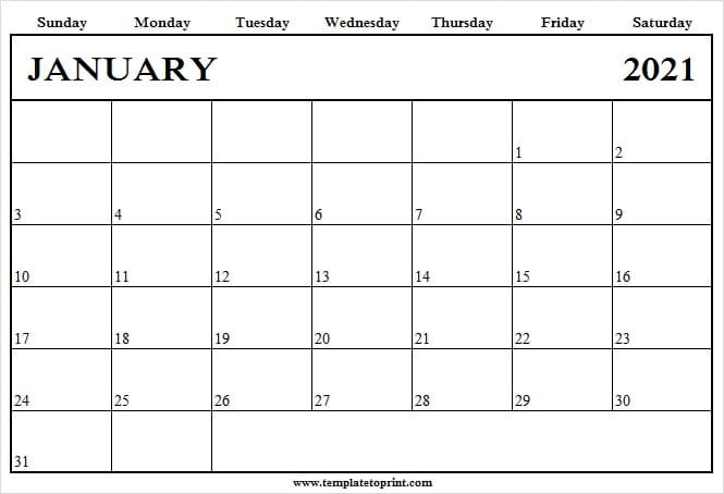 January 2021 Blank Calendar Template To Print - 2021-2021 Calendars To Fill In And Print